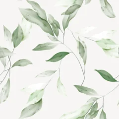 Gordijnen Bladeren Botanical seamless pattern featuring watercolor-inspired style of intertwining green leaves and branches on a light brown background  © momosama