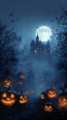A haunted path of glowing jack-o'-lanterns leading to a spooky gothic castle on a misty Halloween night under a full moon