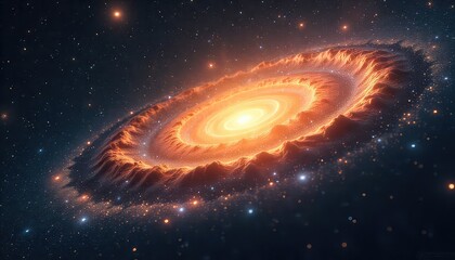 A vibrant galaxy with swirling orange and yellow light surrounded by countless stars in dark space