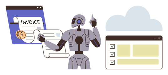Robot managing invoices, task lists, and cloud services. Ideal for AI, automation, efficiency, technology, cloud computing business tasks financial management. Simple flat metaphor