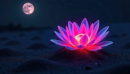 Glowing lotus flower with pink and purple petals under a full moon in a dark night scene setting
