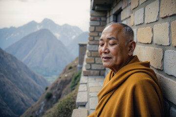 An elderly Asian man with closed eyes meditates in a monk's robe on a balcony, overlooking majestic mountains and a serene valley.