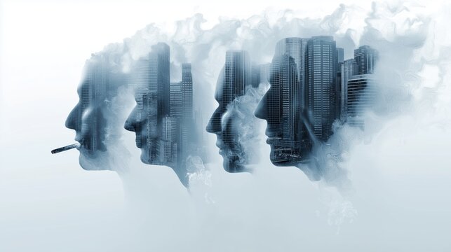 Foggy landscape where fading human silhouettes dissolve into cigarette smoke forming city skylines. urban pollution, health decline, addiction, and the fading boundary between life and environment.