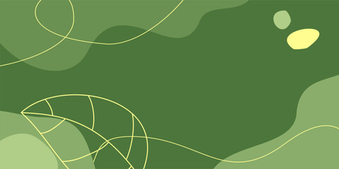 Green background, abstract shapes and leaves pattern with empty space for text. Template for banners, posters, and social media.