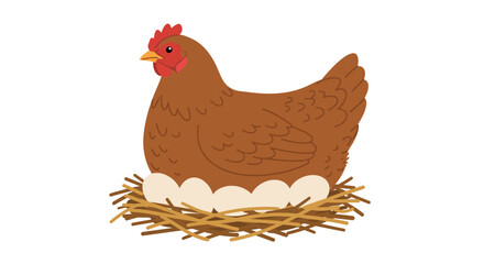 Hen Sitting on Nest with Eggs Illustration.