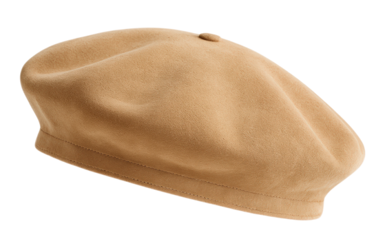 A classic French-style light brown camel suede beret hat, a timeless and elegant fashion accessory for women, Isolated on Transparent and White Background