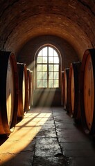 Aged Oak Barrels in a Rustic French Wine Cellar Sunlight Streams Through High Arch, Evoking History and Winemaking Tradition