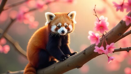 A red panda sitting on a tree branch surrounded by pink cherry blossoms in soft morning light