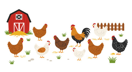 Farmyard Scene with Chickens and Barn Illustration.
