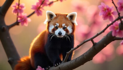 Red panda perched on a tree branch surrounded by pink blossoms in soft light portrait close up view