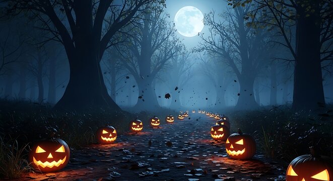 Spooky halloween night with glowing pumpkins lining a path under a full moon