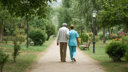 Young nurse helping elderly man walk in park, showing healthcare support and compassionate care concept.
