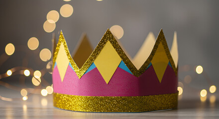 Colorful paper crown with gold trim against blurred festive lights  