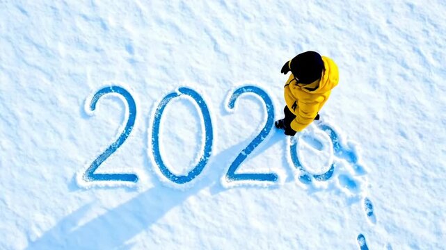 A person in a yellow jacket writing "2026" in the fresh white snow from an aerial perspective perfect for a creative, hopeful, and adventurous New Year's greeting or video