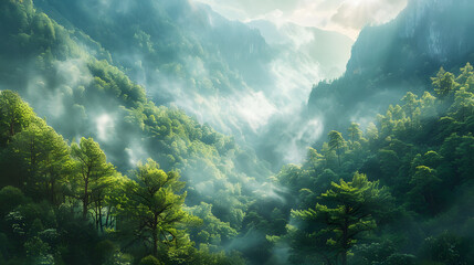 Obraz premium Mountain forest with dense trees misty valleys