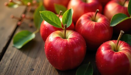 A group of red apples with green leaves sitting on a wooden surface in soft natural lighting outdoors