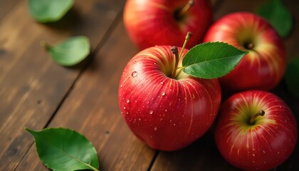 Close up of shiny red apples with water droplets and green leaves on a wooden surface table top