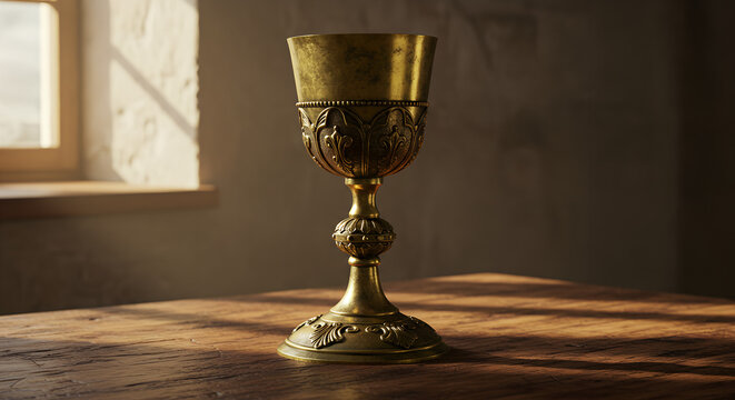 Antique golden chalice cup standing on wooden altar table  
