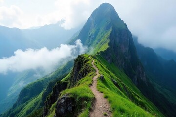 Majestic Mountain Peak Hike Misty Trail to Summit, Challenging Climb Through Lush Green Terrain