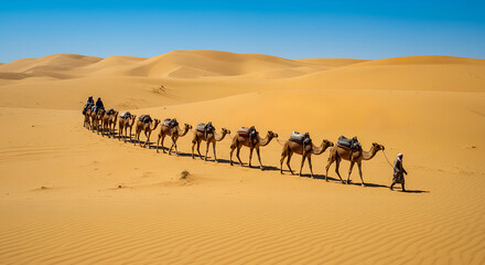Camel caravan walking through golden sand dunes under clear blue sky  