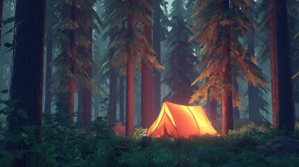 A cozy tent glows within a deep forest, its warm light contrasting the cool, shaded surroundings. Lush foliage and towering trees frame the scene