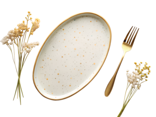 Elegant oval ceramic plate with a golden rim and a golden fork with dried flowers on a transparent background isolated on transparent background