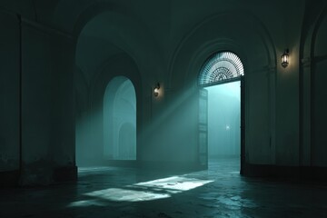 Fototapeta premium Eerie Abandoned Hallway With Sunlight Beams Through Archway And Flickering Lamps