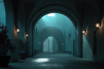 Fototapeta premium Ethereal Courtyard Archway with Dramatic Lighting and Antique Gate at Dusk