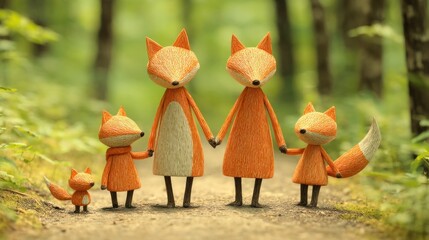 Family of four foxes, paper-like figures, holding hands on a woodland path with blurred green trees