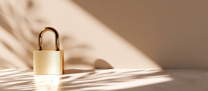 A golden padlock stands open on a surface with dramatic light and shadow.