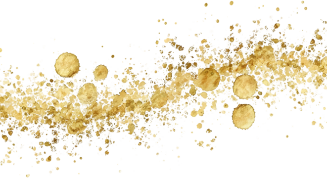 Golden coins and sparkling glitter swirling in a dynamic stream isolated on transparent background