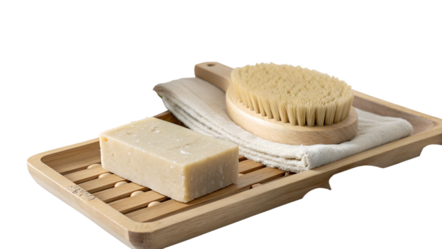 Natural wooden bath brush and bar of soap resting on a bamboo soap dish with a small towel isolated on transparent background