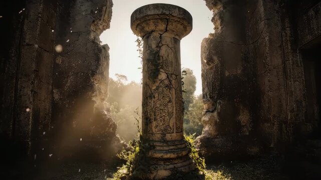 A cinematic 3D scene of a weathered stone podium in ancient ruins with beautiful sunrise lighting. Great for historical themes, artifacts, or storytelling concepts.