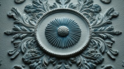 Ornate Classical Architectural Detail with Floral Motif in Pale Blue and White