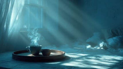 Obraz premium Steaming Mugs on Tray by Window with Sunbeams Dust Motes and Snowy Atmosphere