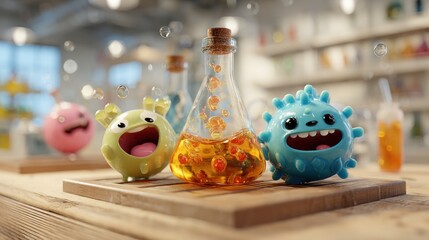 A wooden table holds cartoon microbes, a flask with orange liquid, and a drink. Bubbles float as if chemical reactions happen