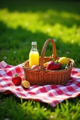 Relaxing Summer Picnic Sun-Dappled Field, Checkered Blanket, Fruit, Sandwiches, Lemonade