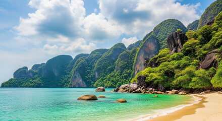 Serene tropical beach with turquoise waters and lush green mountains under a cloudy sky