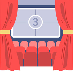 Illustration of a Cinema Interior with Red Curtains and Number Three in the Screen