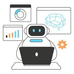 Artificial Intelligence Robot with Charts and Brain Icon on Transparent Background