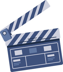 Illustration of a Blue Clapperboard with Diagonal Striped Handle and Square Sections Isolated on Transparent Background