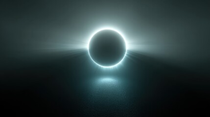 Glowing Ring of Light Encircling Dark Sphere in Misty Atmosphere with Reflective Surface