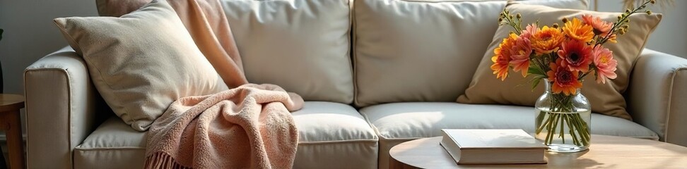 Cozy Living Room with Plush Throw Blanket, Stylish Coffee Table Book, and Fresh Flowers Perfect Housewarming Gift Idea