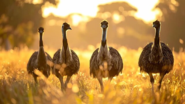 Four ostriches walking through a golden field at sunset.