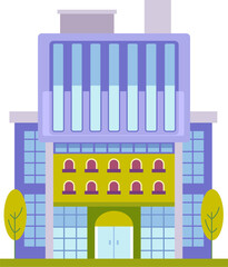 Cartoon Building Illustration With Blue And Purple Facade And Green Accents