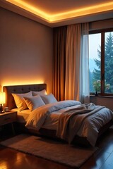 Serene Bedroom Interior Warm Ambient Lighting Creates a Cozy and Inviting Atmosphere Perfect for Relaxation and Restful Sleep.