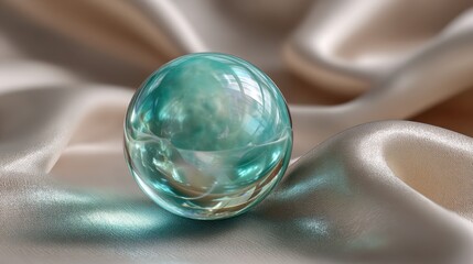 Transparent Aqua Sphere on Silken Fabric With Soft Lighting