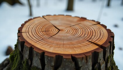 A close up of a tree stump showing the rings of the tree in a snowy forest environment outdoors