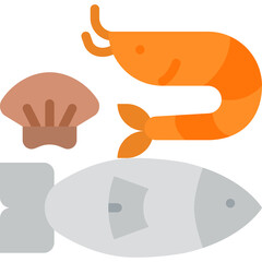 Seafood icons featuring a stylized shrimp fish and scallop on a transparent background