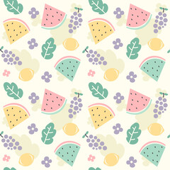 Seamless Pattern Of Cute Pastel Summer Fruits Including Sliced Watermelon Lemon And Grapes With Purple Flowers And Green Leaves On A Light Yellow Background